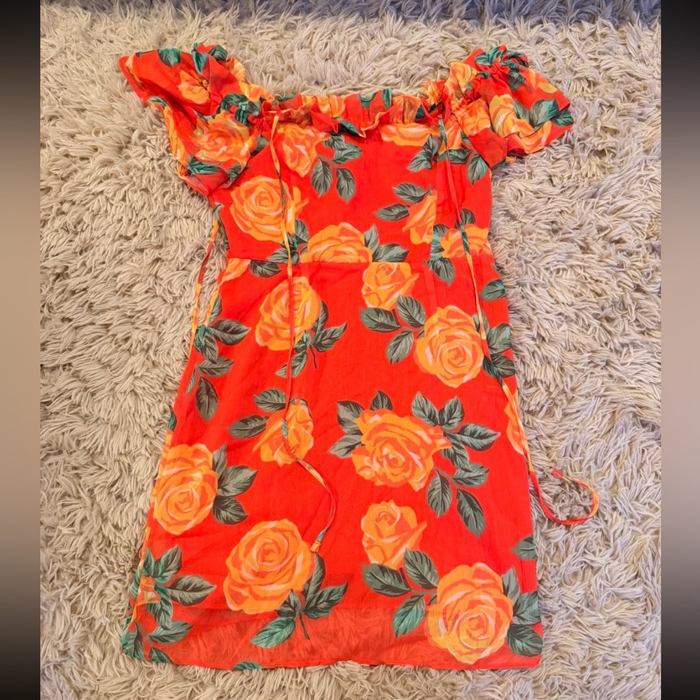 Topshop Orange Red Floral Off-Shoulder Mini Dress